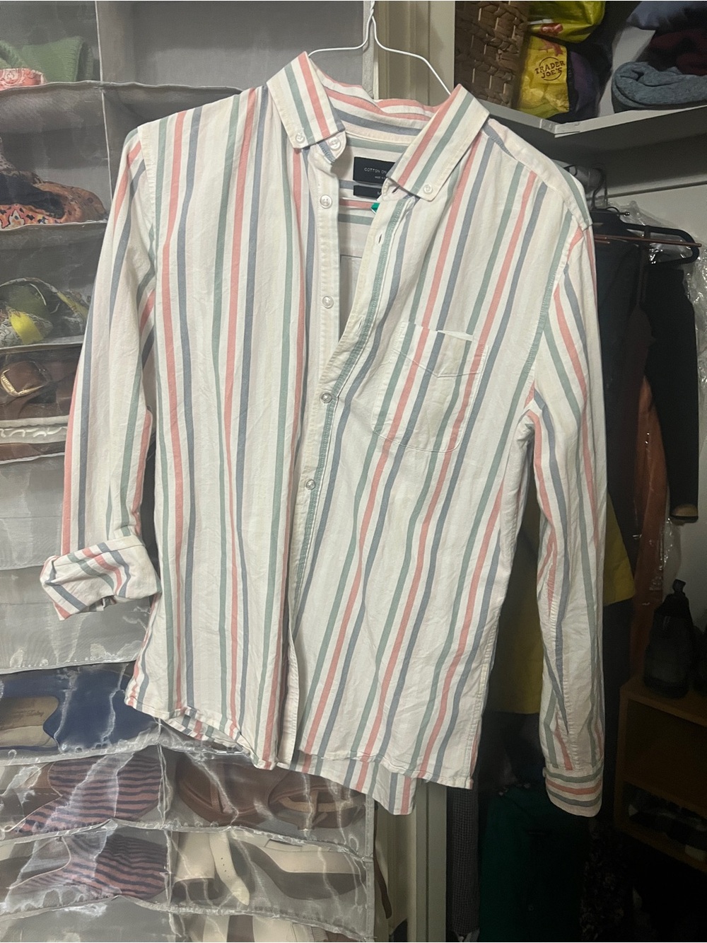 Cotton On White Button-Down Shirt with Coral & Teal Stripes